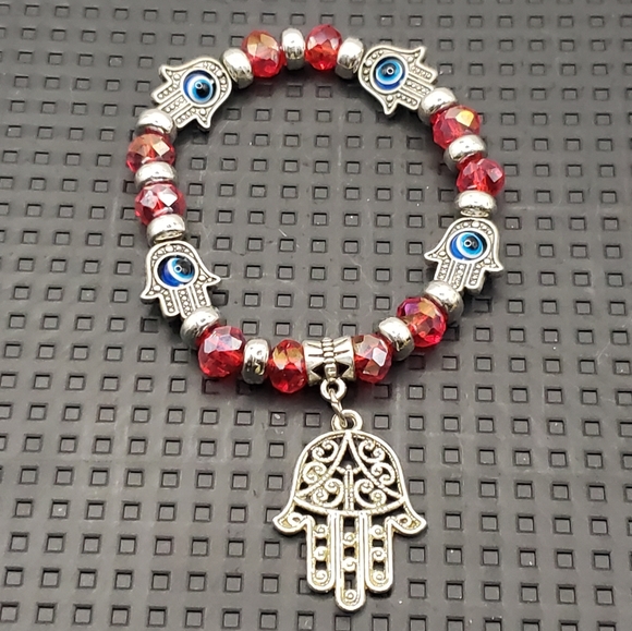 Hamsa Hand Evil Eye Beaded Stretch Bracelet Red Blue Silver - Picture 7 of 8